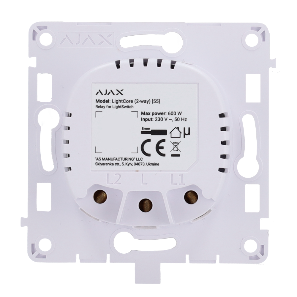 AJ-LIGHTCORE-2W.png Relé para interruptor de luz conmutable - Inalámbrico 868 MHz Jeweller - Alcance de comunicación hasta 1100 m - Alimentación 230 V AC 50 Hz - Sin necesidad de cable neutro - Ajax - LightSwitch LightCore (2 Way) - Imagen 1