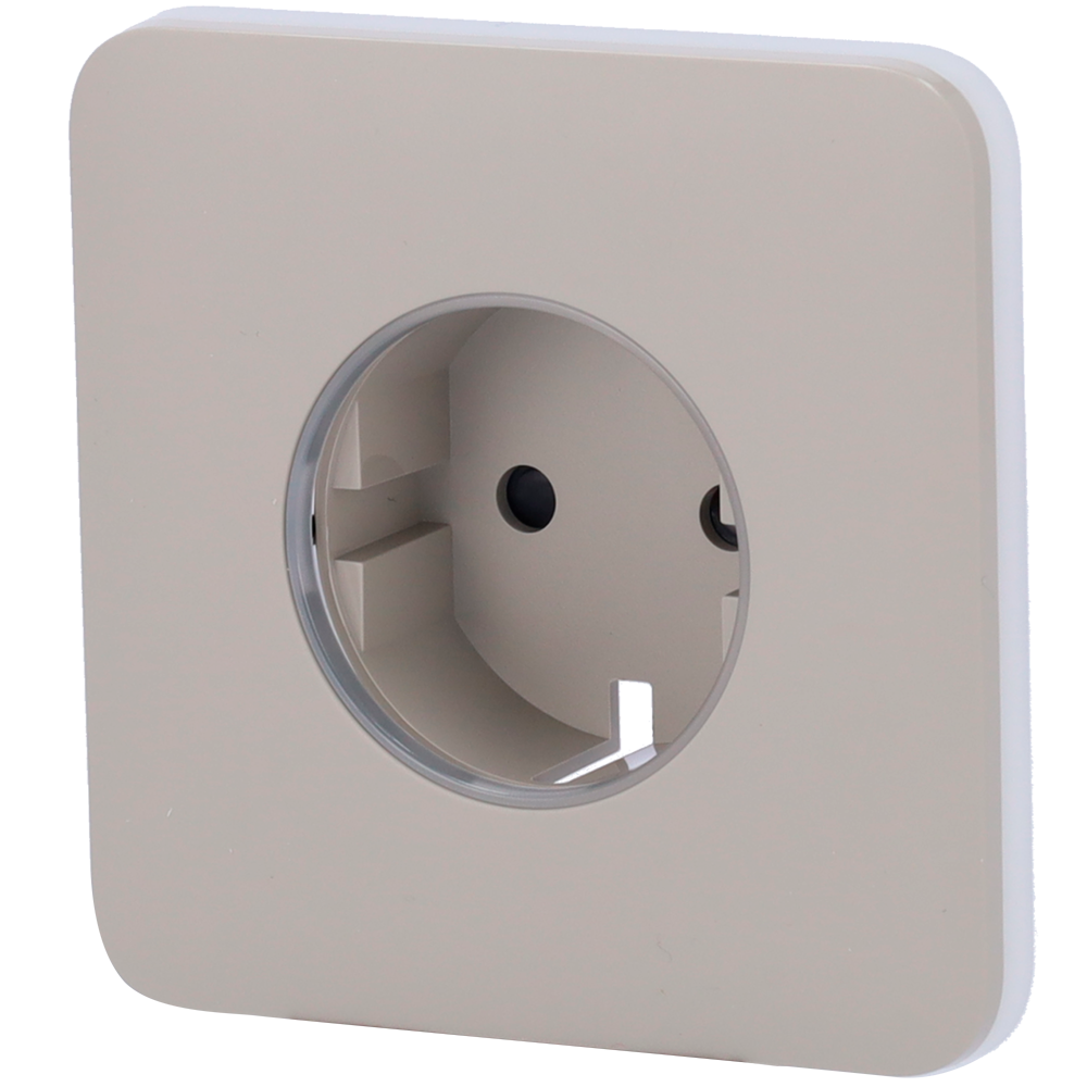 AJ-SOLOCOVER-SMART-OLI.png Tapa frontal para enchufe inteligente tipo F - Compatible con AJ-OUTLETCORE-SMART - Indicador LED sobre estado del enchufe y consumo - Botón táctil para control manual - Retroalimentación LED - Color oliva - Imagen 1