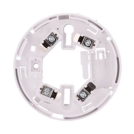 Base de perfil bajo – Compatible con detectores V2 y base alta – Necesaria para instalación de detector – Marca de montaje fácil – Posibilidad de bloquear el detector a la base – Compatible con piloto indicador de acción