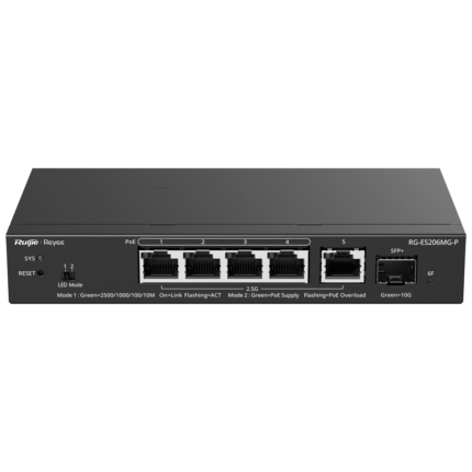 Switch para cámaras PoE con gestión en la nube y fibra óptica (RG-ES206MG-P)