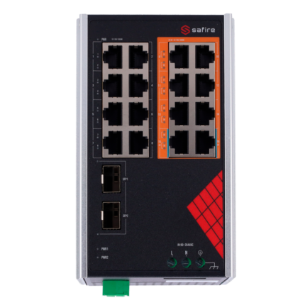 Switch industrial para cámaras IP con alimentación PoE en carril DIN (SF-SWI1808HIPOE-GF-AC-130-DIN)