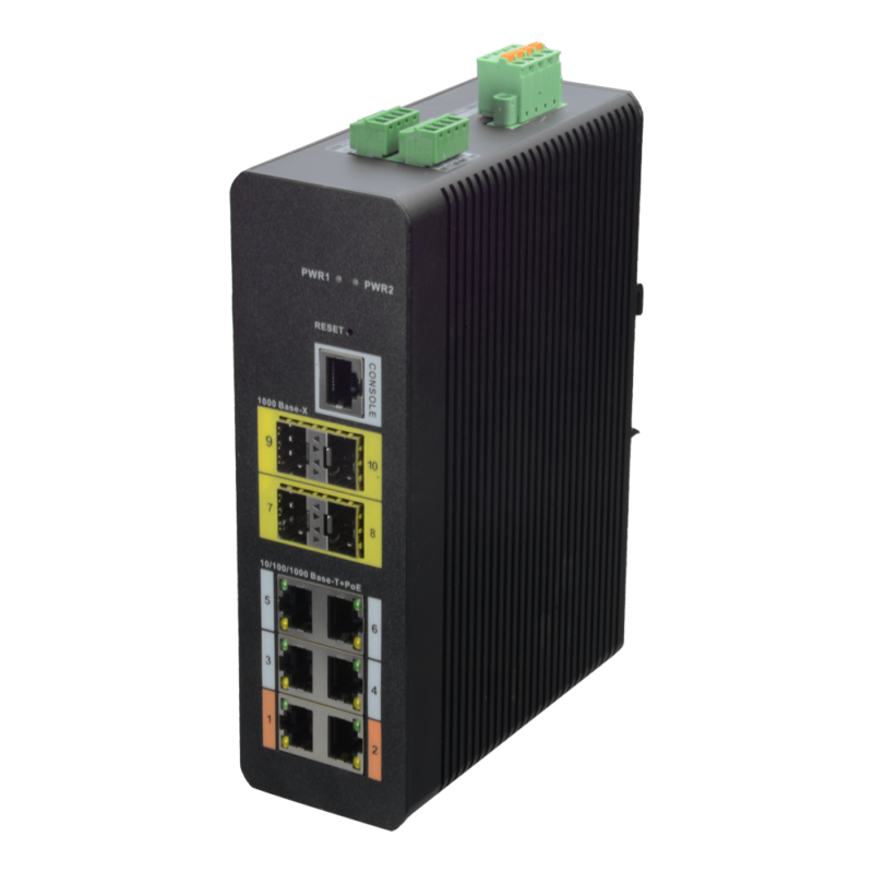 Switch industrial gestionable para redes en entornos extremos con PoE (XS-SW1006HIPOE-MFG-120-DIN)